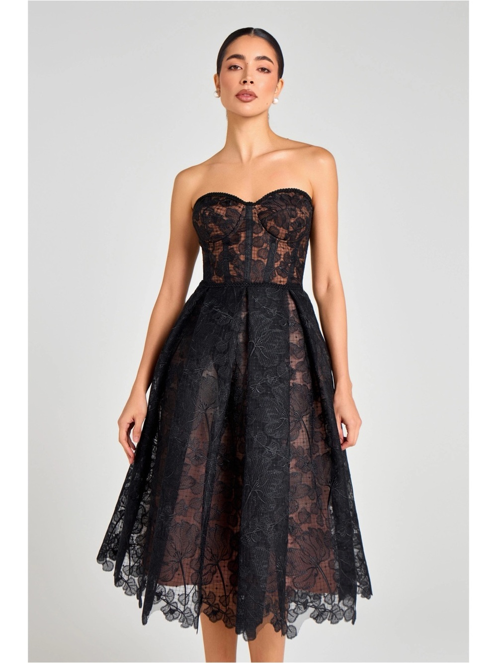 Nadine Merabi Olivia Corset Strapless Midi Dress in Black Lace
